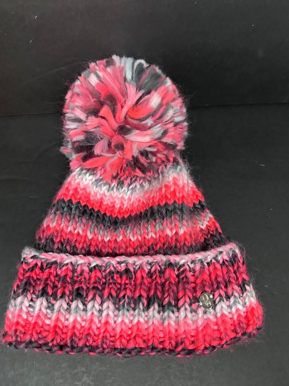 SPYDER Beanie Colorful Pink Grey White BIG Pom-Pom Lined Winter Hat toboggan